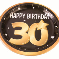 30th birthday milestone 9 inch black plates with gold number 30, stars and edging 8 per package