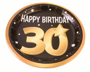 30th birthday milestone 9 inch black plates with gold number 30, stars and edging 8 per package
