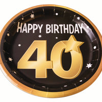 40th birthday milestone 9 inch black plates with gold number 40, stars and edging 8 per package