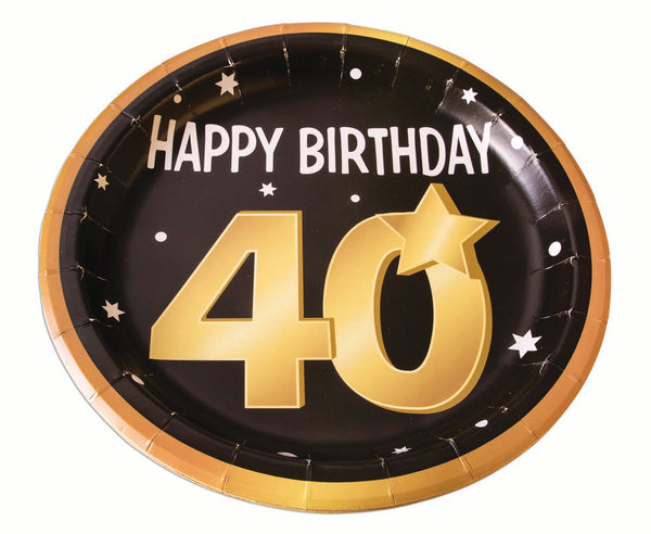 40th birthday milestone 9 inch black plates with gold number 40, stars and edging 8 per package