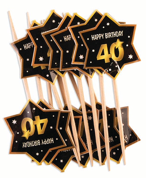 40th birthday milestone black party picks with gold number 40, stars and edging 12 per package