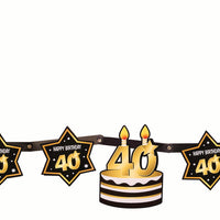 40th birthday milestone banner black with gold number 40 & stars, cake and champagne bottles  1 per package