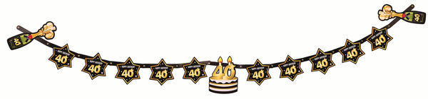 40th birthday milestone banner black with gold number 40 & stars, cake and champagne bottles  1 per package