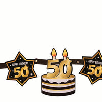 50th birthday milestone banner black with gold number 50 & stars, cake and champagne bottles  1 per package