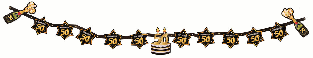 50th birthday milestone banner black with gold number 50 & stars, cake and champagne bottles  1 per package