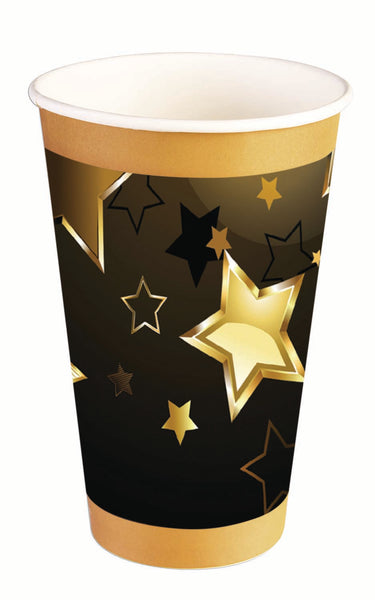 black 9 oz cup with gold stars and gold trim