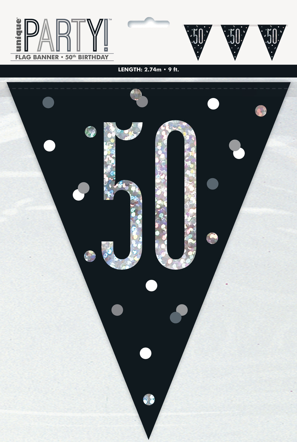 black flag banner with a prismatic 50 print