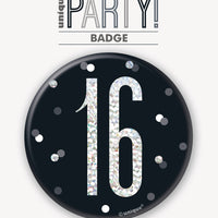 black badge with a prismatic 16 print