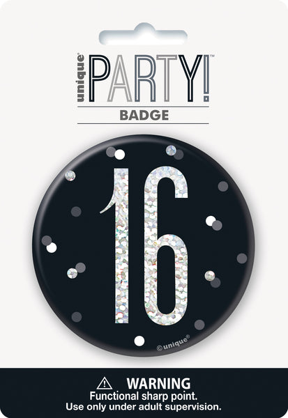 black badge with a prismatic 16 print