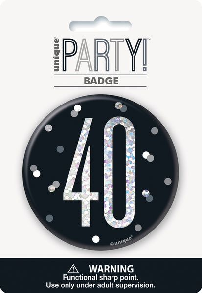 black badge with a prismatic 40 print