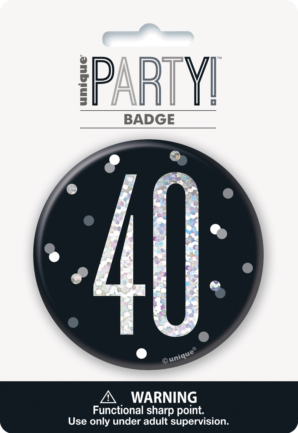black badge with a prismatic 40 print