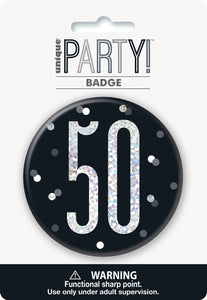 black badge with a prismatic 50 print