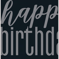 black and grey plastic tablecover with a happy birthday printed edges