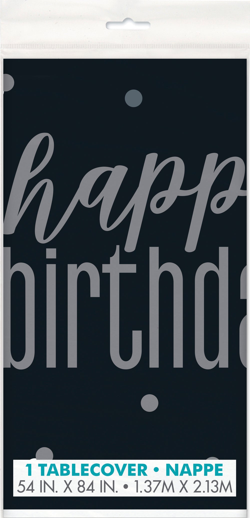 black and grey plastic tablecover with a happy birthday printed edges
