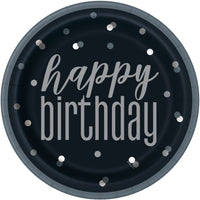black and grey paper plates with a happy birthday print