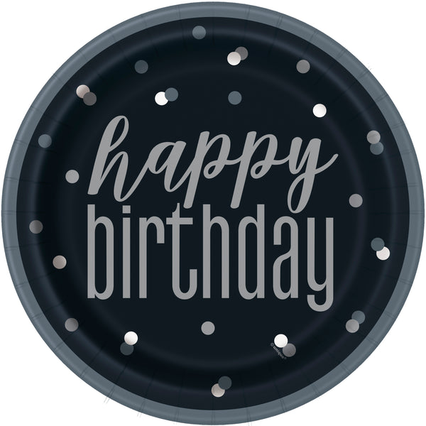 black and grey paper plates with a happy birthday print