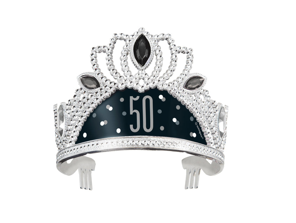 Silver tiara with black and grey 50 print