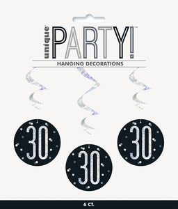 30th Birthday hanging swirl decoration package of 6