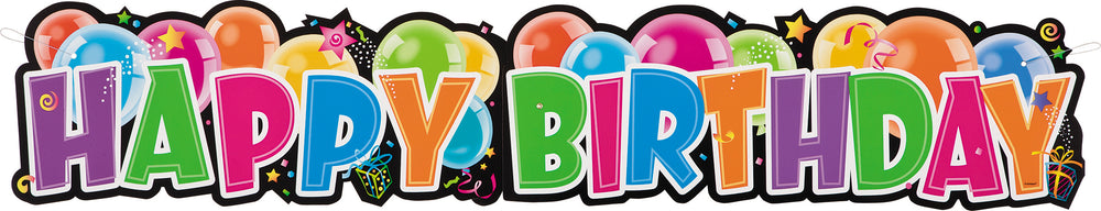 Happy Birthday banner, black background multicolored letters and designs