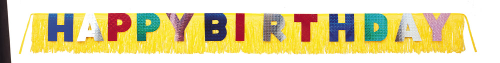 yellow fringe happy birthday banner with multicolored letters