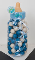 Baby bottle Bank 11" Blue filled with blue and white gumballs
