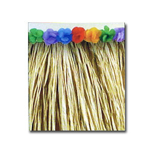 Natural Raffia Table Skirting with Flowers measures 9 feet by 28 inches