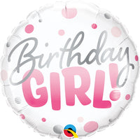 Bday Girl Pink Dots 18 inch Round Foil Balloon