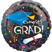 Congrats grad mylar, black with multicolored stars and swirls with blue grad cap