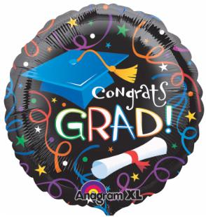Congrats grad mylar, black with multicolored stars and swirls with blue grad cap