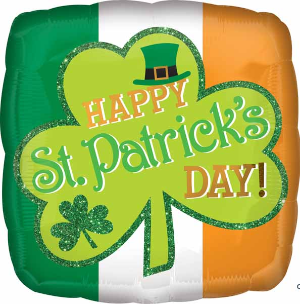 Happy St. Patricks Day message in sparkle outlined shamrock, irish flag background