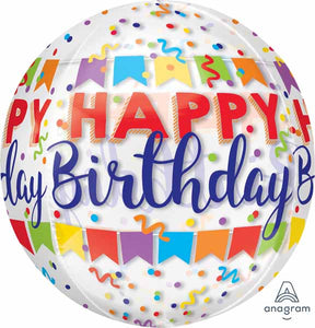 happy birthday orbz balloon with banner and confetti print