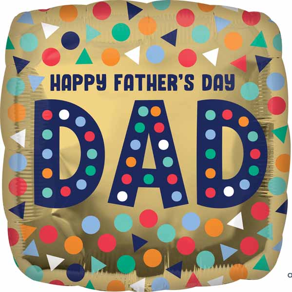 gold square happy fathers day mylar, with multicolured shapes