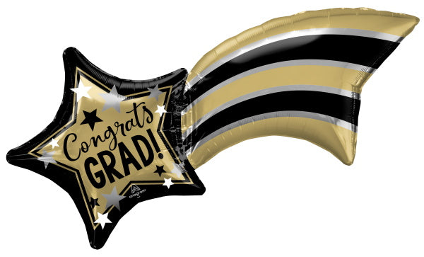 black & gold congrats grad shooting star mylar SS balloon