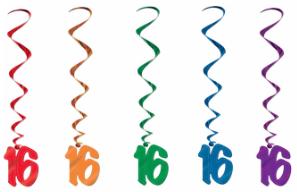 16th Birthday whirls hanging decorations in primary colours