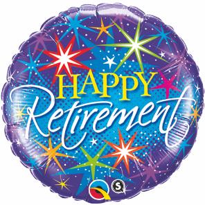 happy retirement 18 inch foil balloon with colourful bursts