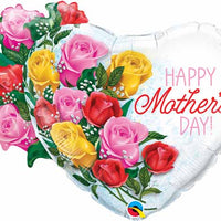 happy mothers day white foil heart super shape balloon with pink, red and yellow bouquet flowers