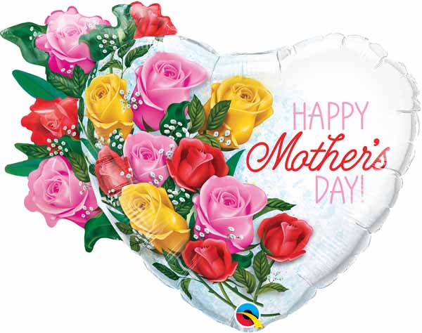 happy mothers day white foil heart super shape balloon with pink, red and yellow bouquet flowers